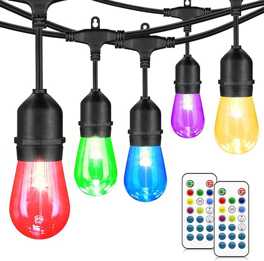Mlambert 48FT Outdoor Patio Lights Waterproof Dimmable with Remote, RGB Cafe LED String Light with 15 Shatterproof Bulbs for Bistro Party-Black 1 Pack Mlambert