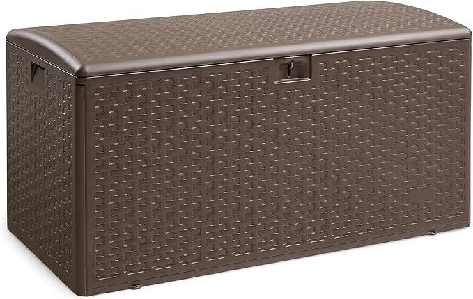 Amazon Basics Outdoor Storage Deck Box, Lockable, Weather-Resistant, 99 Gallon, Brown, for Patio Cushions, Gardening Tools, Pool Accessories AmazonBasics