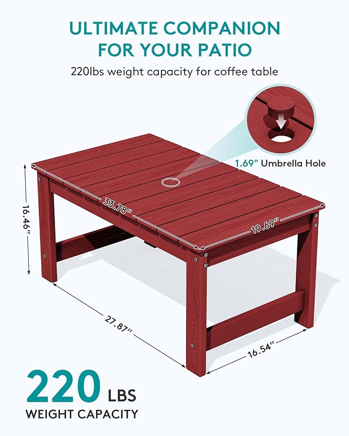 SERWALL Outdoor Coffee Table with 1.69" Umbrella Hole, HDPE Patio Coffee Table for Outside, Rectangle, Red SERWALL