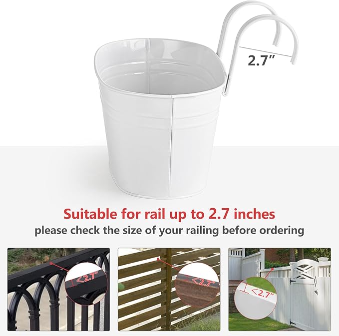 Dahey 3 Pcs 10.5 Inch Metal Iron Hanging Flower Pots for Railing Fence Hanging Bucket Pots Countryside Style Window Flower Plant Holder with Detachable Hooks Home Decor,White Dahey