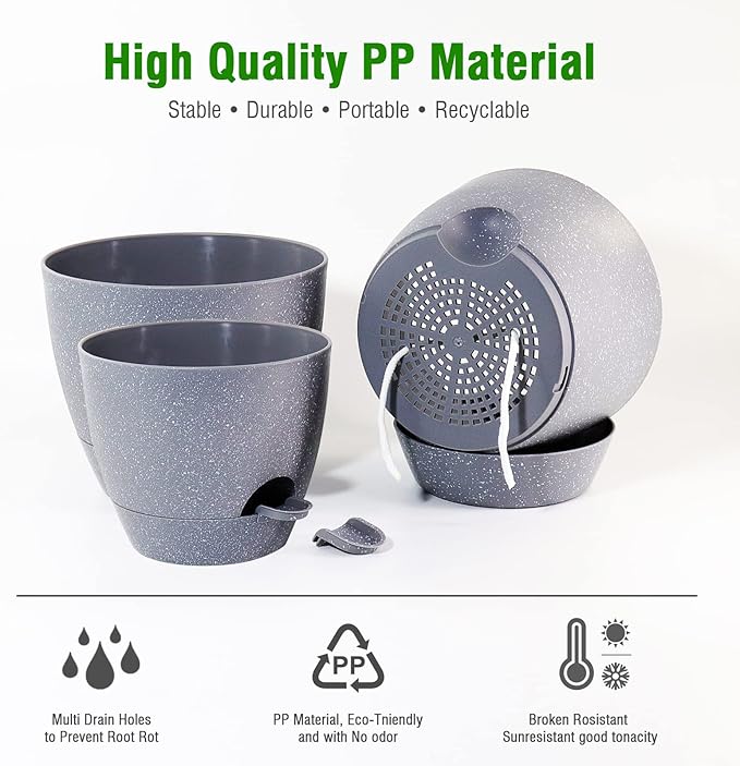Large Self Watering Pots, 12/10/9 Plastic Planters with High Drainage Holes and Deep Reservoir for Indoor Outdoor Garden Plants and Flowers, Grey Speckles UOUZ