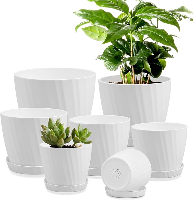 7 pcs Plant Pots with Drainage Holes and Saucers, Indoor Planters, Set of 7 (7.5, 7, 6.5, 6, 5.5, 4.5, 3.5 Inches), White AFamilyofGardenLovers