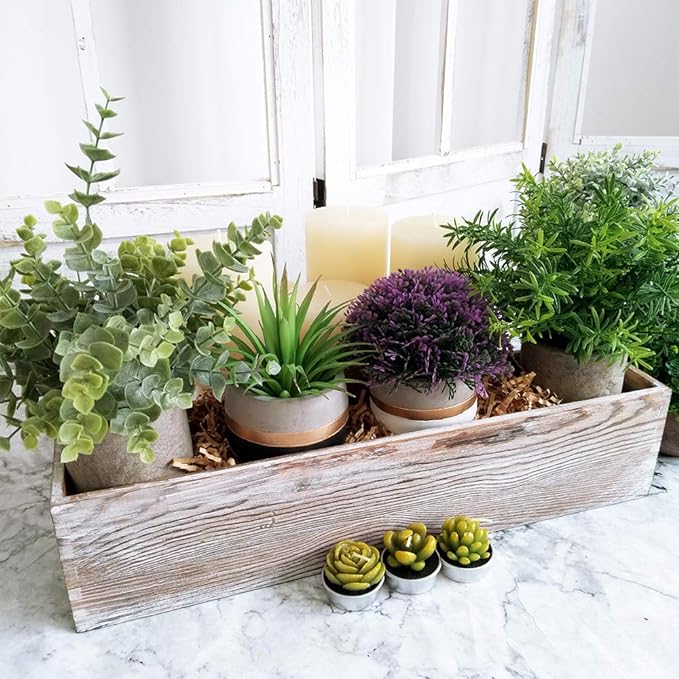 1 Pcs Wood Planter Rectangle Whitewashed Rectangular Decorative Wooden Box with Inner Plastic Box - 17.3" L x 3.9" W x 3.9" H Floral Natural Centerpieces Rustic Wedding Decor Winlyn