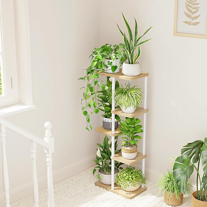 Bamworld Corner Plant Stand Indoor 5 Tier white Plant Shelf for Multiple Plants, Tiered Flower Pot Stands for Patio Garden Balcony Living Room Bedroom, White Bamworld