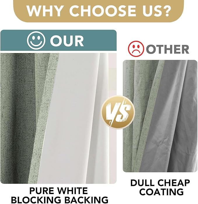 H.VERSAILTEX Linen Blackout Curtains 45 Inches Long 100% Absolutely Blackout Thermal Insulated Textured Linen Look Curtain Draperies Anti-Rust Grommet, Energy Saving with White Liner, 2 Panels, Sage HVERSAILTEX