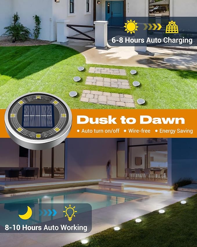 btfarm 16 Pack Solar Lights Outdoor, 8 LED Solar Ground Lights IP65 Waterproof Flat Solar Disc Light, Pathway Lights for Garden Lawn Patio Yard Path Landscape, Cool White btfarmdecorativelighting