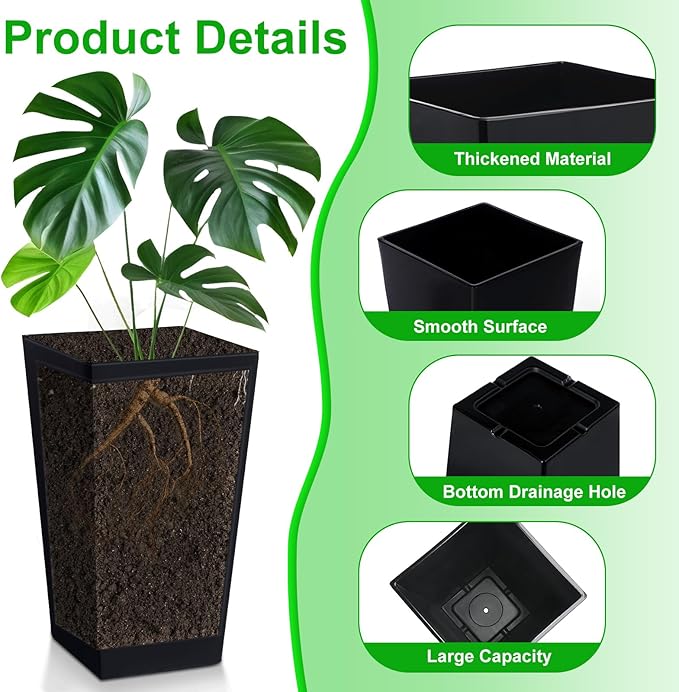 Hushee Set of 4 Tall Outdoor Planters 21 Inch Tall Tapered Square Planter with Drainage Hole Large Flower Tree Plant Pot Resin Flower Pots for Front Porch Door Garden Patio Indoor Hushee