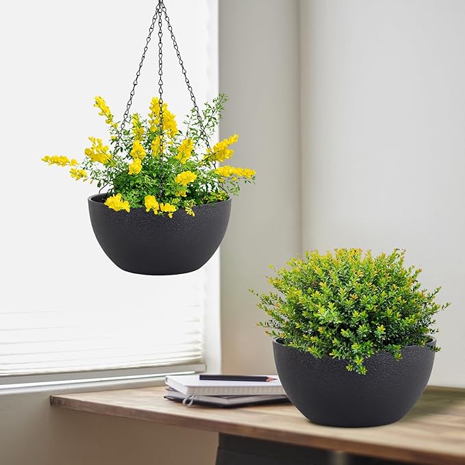 8 inch Small Hanging Planters Plant Pots for Indoor Outdoor Plants, 2 Pack Hanging Flower Pots with Drainage Holes and Chain for Garden Porch, Plastic Hanging Baskets for House Plants, Black Meowell