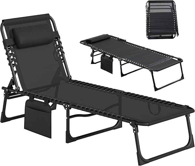 Outsunny Chaise Lounge Chair Outdoor, 5-Position Adjustable Sun Tanning Chair with Carrying Handle and Side Pocket, Folding Bed Cot with Removable Pillow for Garden, Beach, Patio, Pool, Camp, Black Outsunny