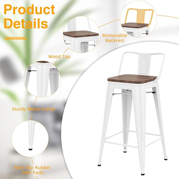 Yongchuang 24 inch Metal Bar Stools Set of 4 Counter Height Barstools Farmhouse Kitchen Bar Chairs with Wood Seat Low Back Cream White YongchuangInternational
