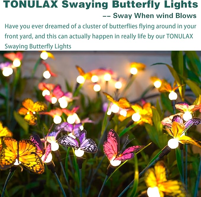 TONULAX Solar Garden Lights - Swaying Butterfly Light, Swaying in The Wind, Solar Outdoor Lights, Yard Patio Pathway Decoration, High Flexibility Iron Wire & Realistic Butterflies(8 Pack) TONULAX