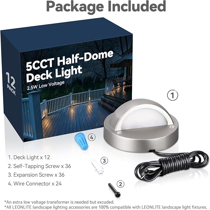 LEONLITE 12-Pack Update 5CCT LED Low Voltage Deck Lights, 180LM 3.5inch Landscape Step Railing Fence Light, 12-24V AC/DC, CRI90, Die-cast Aluminum Housing & Frosted Glass Lens, UL Cord, Satin Nickel LEONLITE
