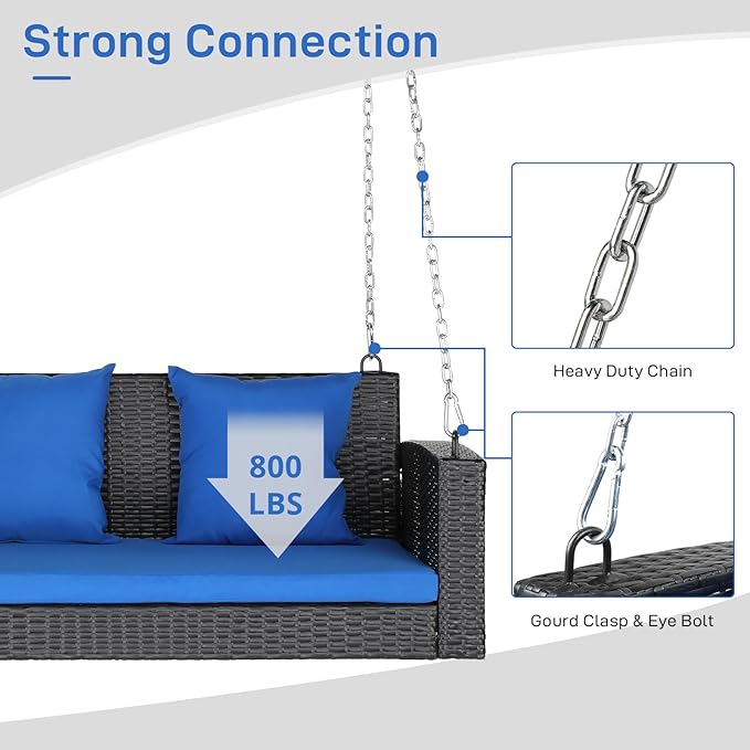 Outvita Porch Swing 2 Person Hanging Bench, Wicker Outdoor Swing Bench with Cushion and Pillow for Patio, Yard, Garden Hold Up to 800 lbs (Blue) Outvita