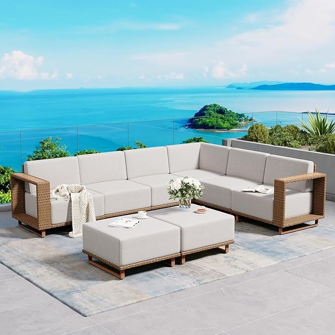 L Shaped Patio Furniture,Outdoor Rattan Wicker Sectional Sofa with 10''Ultra-Thick Cushions,All Weather Patio Conversation Set for Lawn Garden Backyard,Beige SUNSHINEVALLEY