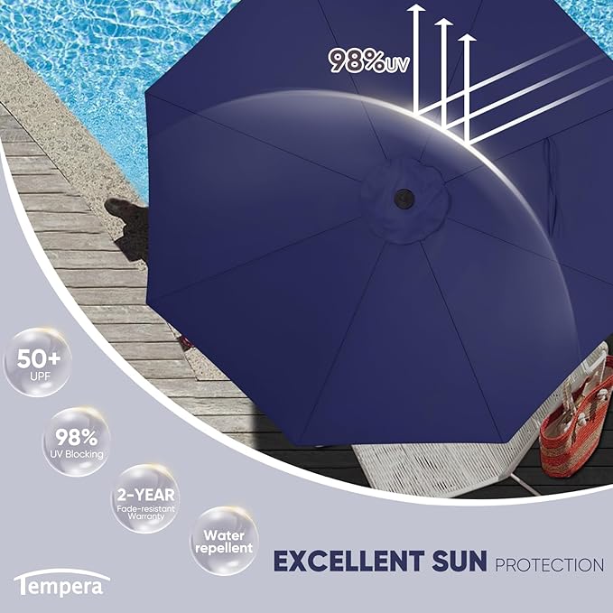 Tempera Patio Market Outdoor Table Umbrella with Auto Tilt and Crank, Large Sun Umbrella with Sturdy Pole & Fade Resistant Canopy, Easy to Set TemperaPatioLife