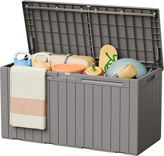 Greesum 110 Gallon Outdoor Storage Box with Lockable Lid, All-Weather Solution for Patio Furniture, Pool Supplies & Garden Tools, Waterproof, UV-Resistant Large Deck Box, Light Coffee BuynowfromGreesum