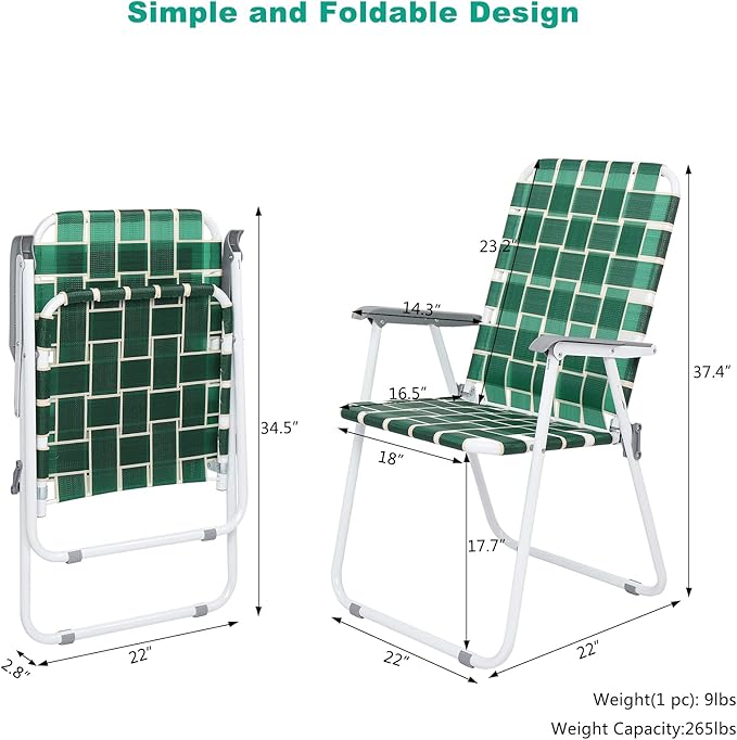 VINGLI Patio Lawn Webbed Folding Chairs Set of 2, Outdoor Beach Chair Portable Dining Chair for Outdoor Yard, Garden (Dark Green, Classic) VINGLI