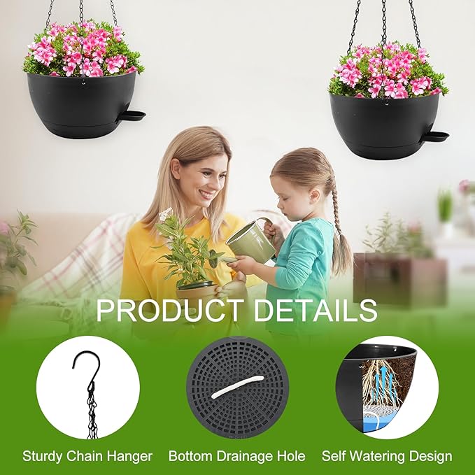 10 inch Hanging Planters for Indoor Plants, 3 Pack Self-Watering Hanging Planter Pots with Chain and Drainage Holes, Outdoor Plastic Hanging Baskets for Garden Home Decor (Black, 3pcs/10inch) Rootora