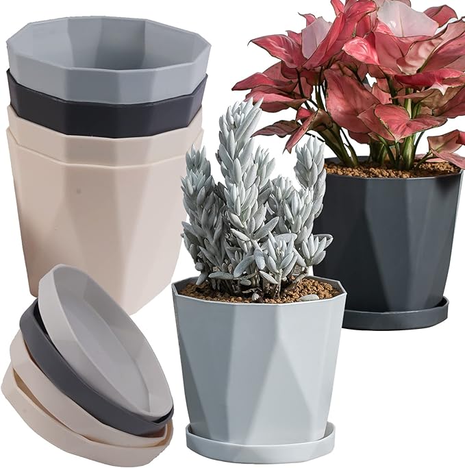 InmeRun Plant Pots Indoor Plastic Flower Pots Outdoor 7 inch Set of 12 Pack with Drainage Holes and Saucers for Garden Pots (7 in 12 pcs) InmeRun