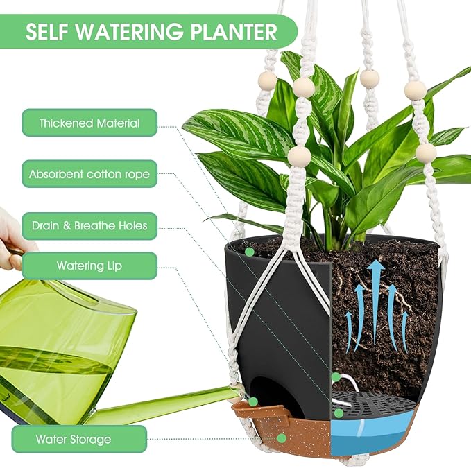 Hanging Planters for Indoor Outdoor Plants, 2 Pack Self Watering Hanging Pot with Drainage Holes, Removable Tray & 2 Kinds of Plant Hangers, 8'' Hanging Flower Pots for Home Garden Decor, Black Vanslogreen