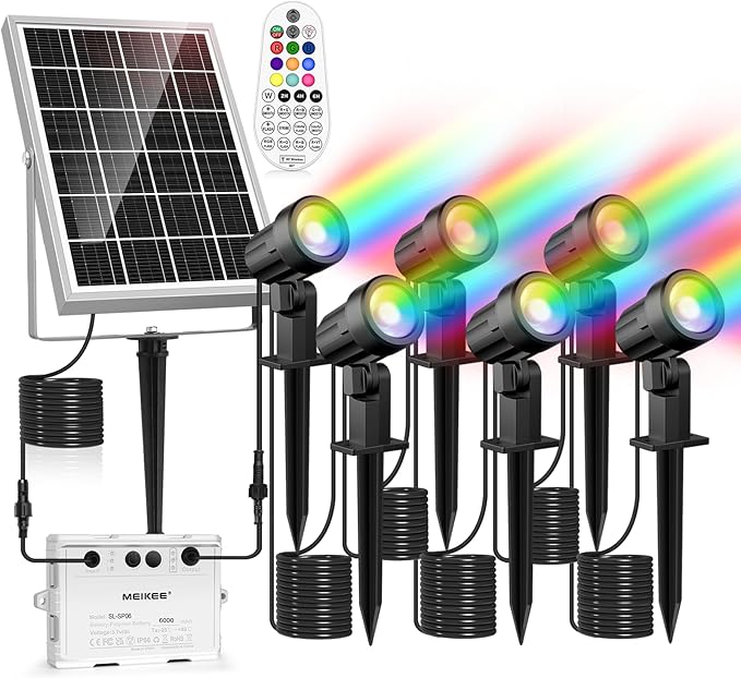 MEIKEE 6 in 1 RGB Solar Landscape Lights with Remote, RGB Color Changing LED Solar Spotlights, Outdoor Waterproof RGB Spot Lights for Garden Party Wedding Christmas Festival MEIKEE