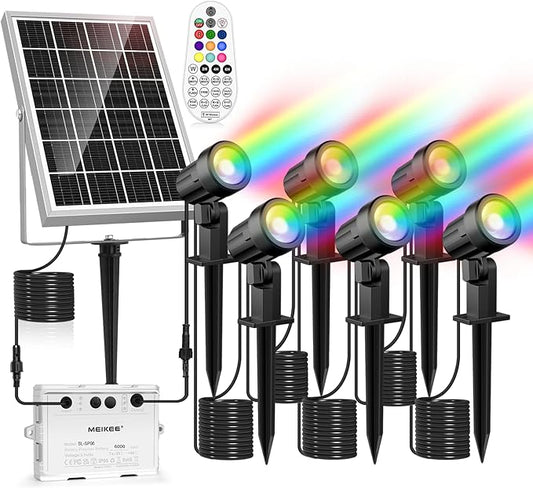 MEIKEE 6 in 1 RGB Solar Landscape Lights with Remote, RGB Color Changing LED Solar Spotlights, Outdoor Waterproof RGB Spot Lights for Garden Party Wedding Christmas Festival MEIKEE