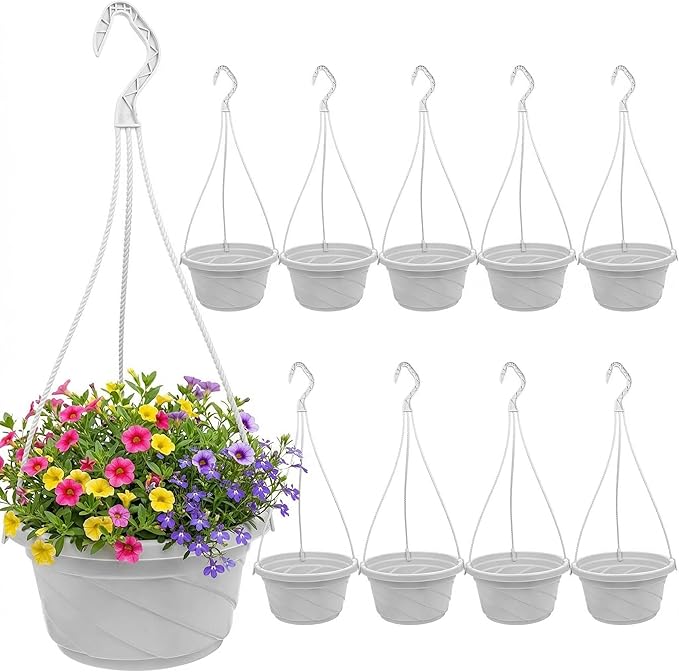 DOITOOL 10 Pack Hanging Plastic Pots for Plants with Hook, Garden Flower Plant Pot Container Baskets Hanging Nursery Planter Holder for Indoor Outdoor Garden Decor (White,6.7 Inch) DOITOOL