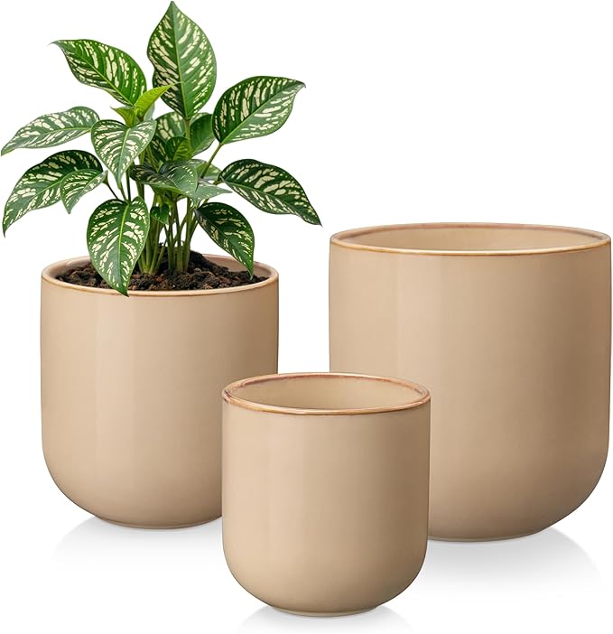 vancasso 6+8+10 inches Ceramic Plant Pots, Set of 3, Planters with Drainage Hole, Flower Pots Planters Pots for Indoor Plants, Modern Indoor Decorative Garden Pot, Home Decor, Brown vancasso