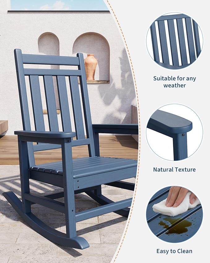 GarveeLife Poly Lumber Rocking Chair Outdoor Set of 4 - HDPE High Back Porch Rocker Chairs for Adults - All Weather Resistant Furniture for Patio - Navy Blue GarveeLife