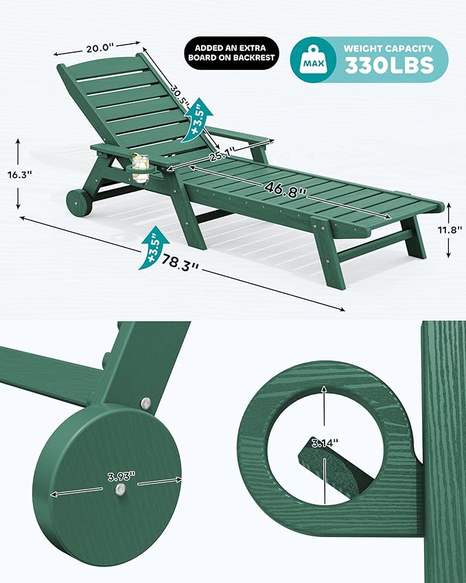 SERWALL Patio Chaise Lounge Chair, 78'' Long HDPE 5 Positions Adjustable Outdoor Lounger, Poly Lounge Chair with Rolling Wheels & Cup Holder for Pool, Dark Green SERWALL