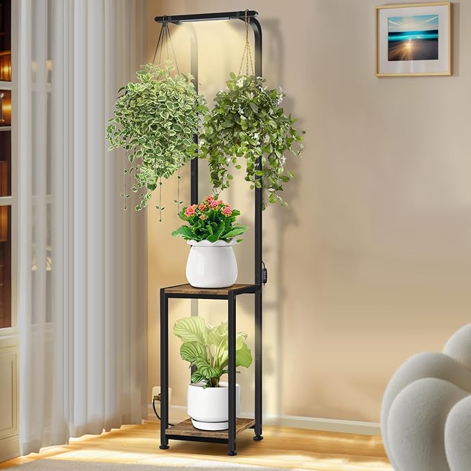 Plant Stand Indoor with Grow Lights, Hanging Plant Stand Plant Shelf Indoor, 65'' Tall Plant Stands Plant Holders for Indoor Plants, Living Room, Bedroom, Balcony Rootora