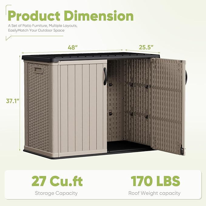 Devoko Outdoor Storage Cabinet 26 Cu Ft with Lockable Doors, Horizontal Storage Shed Waterproof Patio Tools Storage Box for Sofa Cushions, Gardening Tools and Accessories (Beige) DEVOKO