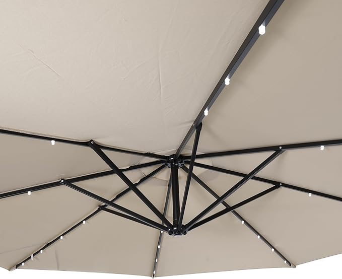 Flash Furniture Sedona Round Solar Cantilever Umbrella, Commercial Grade with Built in Cross Base, Crank and Tilt, 32 LED Lights, 6 Hour Run Time, 10 FT, Tan FlashFurniture