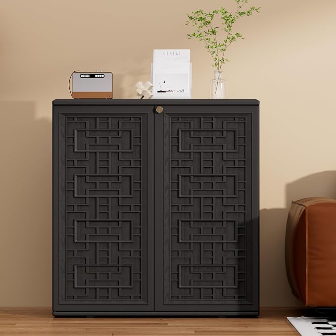 Indoor Outdoor Storage Cabinet Waterproof with Shelf,Plastic Storage Sheds Outdoor Cabinets for Patio/Garden/Backyard, Size 34.3''L*15''W*36.2''H（Black） Mrosaa