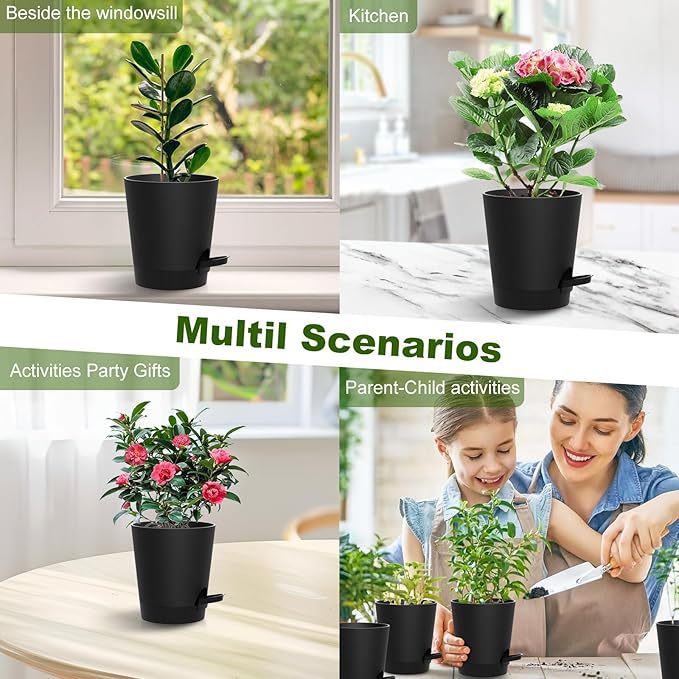 Self Watering Pots, 4 inch Flower Pots with Multi Mesh Drainage Holes, Small Platic Planters for Indoor Outdoor Garden Plants and Flowers (Black, 4") Rootora
