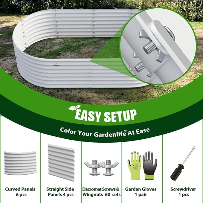 A ANLEOLIFE 2-Set 8X4X2 ft Galvanized Raised Garden Bed Kit, Oval Metal Deep Root Planters for Outdoor Plants, Antique White AAnleolife