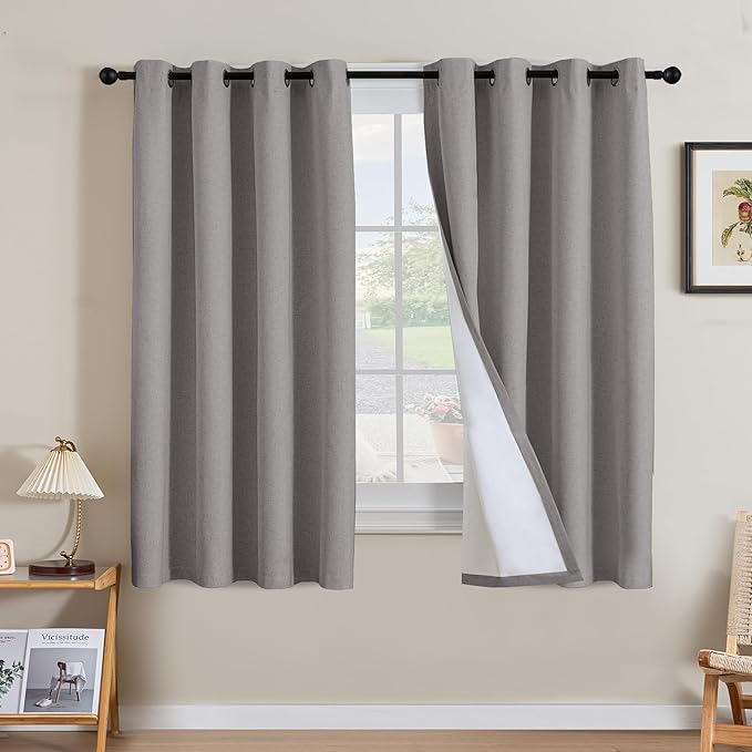 H.VERSAILTEX Linen Curtains 100% Blackout Curtains for Bedroom 63 inch Long Full Light Blocking Nature Linen Blended Window Curtains for Living Room Nickel Grommet (2 Panels, Heathered Dove) HVERSAILTEX
