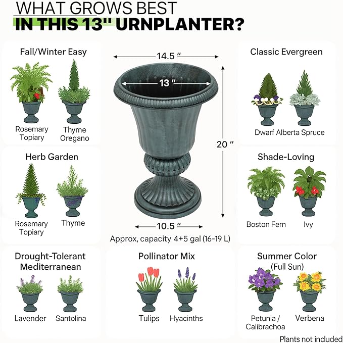 Magshion 20" Urn Planters for Outdoor Plants, Large Decorative Front Porch Planters Set of 2, Weatherproof Tall Plastic Flower Pots for Garden, Patio & Entryway Décor, Antique Green Magshion