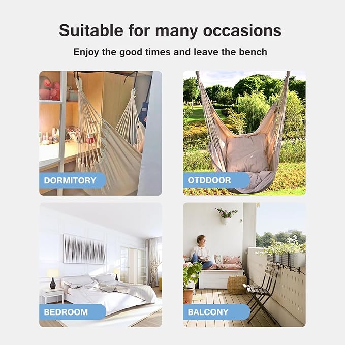 Hommtina Hammock Chair Hanging Rope Swing, Max 300 Lbs Hanging Chair with Pocket & Durability Perfect for Outdoor, Home, Bedroom, Patio, Yard (Pillows NOT Included,Light Grey) Hommtina