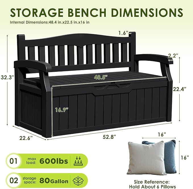 Greesum 80 Gallon Outdoor Storage Bench, Weather-Resistant Deck Box, Patio Furniture Bench for Backyard, Garden, Porch, Large Capacity Seat for Pillows Cushions Patio Accessories, Dark Black BuynowfromGreesum