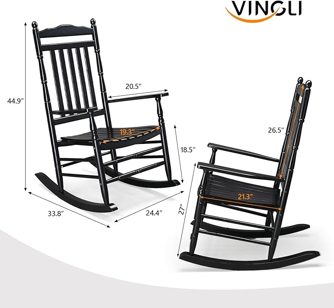 VINGLI Wooden Rocking Chair, Outdoor Chair with 450 lbs Support, Relaxing Rocker with Solid Wood High Back Seat Reclining Seat for Deck, Garden, Backyard, Porch, Indoor or Outdoor Use (Black, 1PC) VINGLI