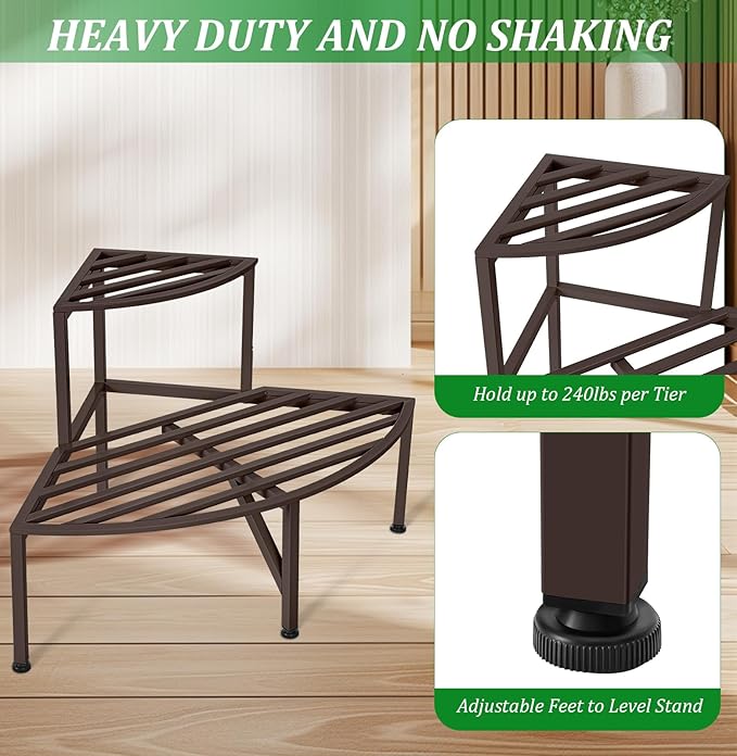 Corner Plant Stand Outdoor Metal,2 Tier Heavy Duty Ladder Plant Shelf Indoor for Multiple Plants,37.08" L x 22.83" W x 20.07" H,Coffee Dipion