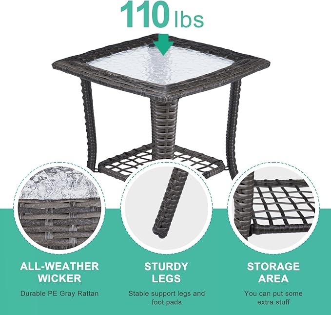 VINGLI Outdoor Side Table with Storage Wicker Patio Side Table, Tempered Glass Top End Table for Balcony Porch Deck (Grey) VINGLI
