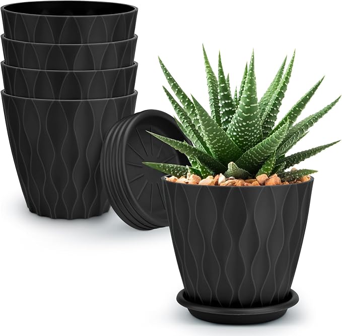 4 inch Plant Pots, 5 Pack Flower Pots Outdoor Indoor, Planters with Drainage Holes and Tray Saucers(Black) AFamilyofGardenLovers