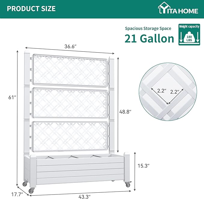 YITAHOME 43.3x17.7x61 in Planter Trellis Box with Wheels & Drain Plug, Outdoor Resin Raised Garden Bed for Climbing Plants, Large Weather-Resistant Design, Grayish-White YITAHOME