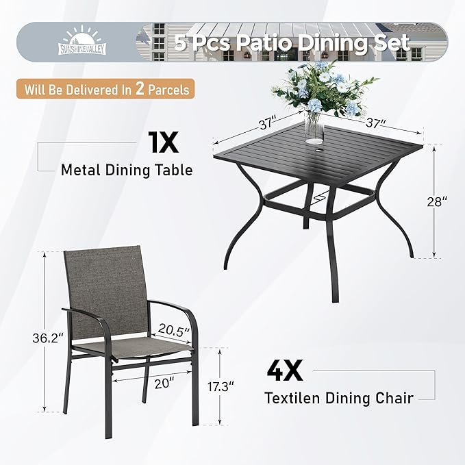 5 Piece Patio Dining Set for 4, 37”x37” Square Table with Umbrella Hole, 4 Metal Brown Chairs, Outdoor Table and Chairs Set for Lawn Backyard and Deck SUNSHINEVALLEY