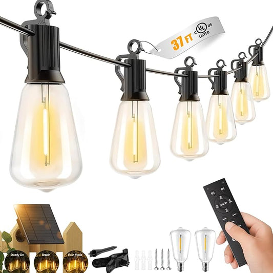Brightown 37FT Solar String Lights Outdoor Waterproof with Remote, 10+1 LED Shatterproof Bulbs, Dimmable & Timable, 3 Light Modes - Commercial Grade Patio Lights for Garden Backyard Party Decor Brightown