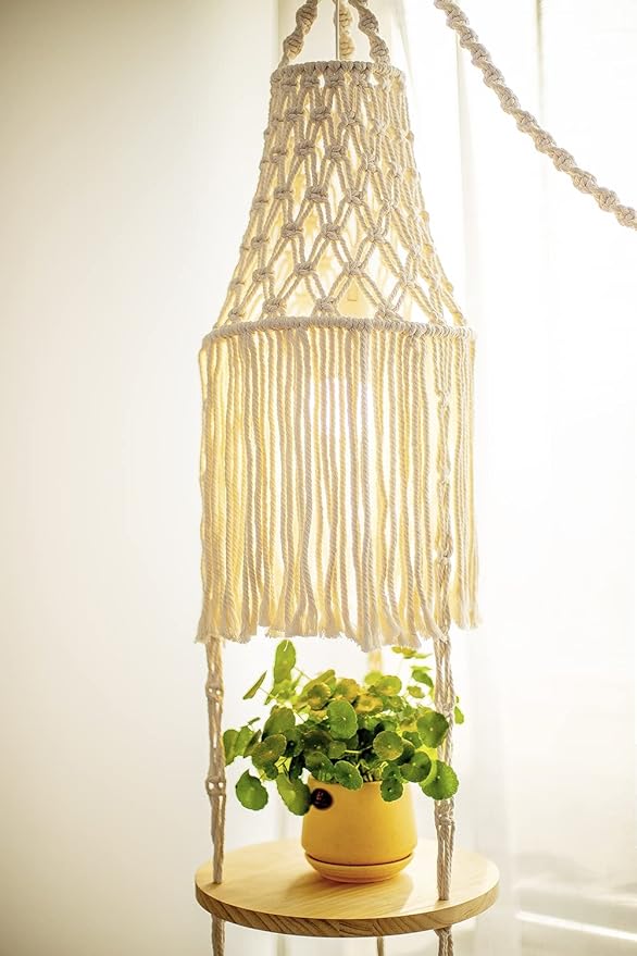 Macrame Plant Hanger Shelf Hanging Rope Shelf Indoor with Boho Lamp Shade 3 Tier Floating Round Shelves Decorative Shelf Flower Pot Holder Planter Display Rack Boho Home Decor-1 Set YKBU