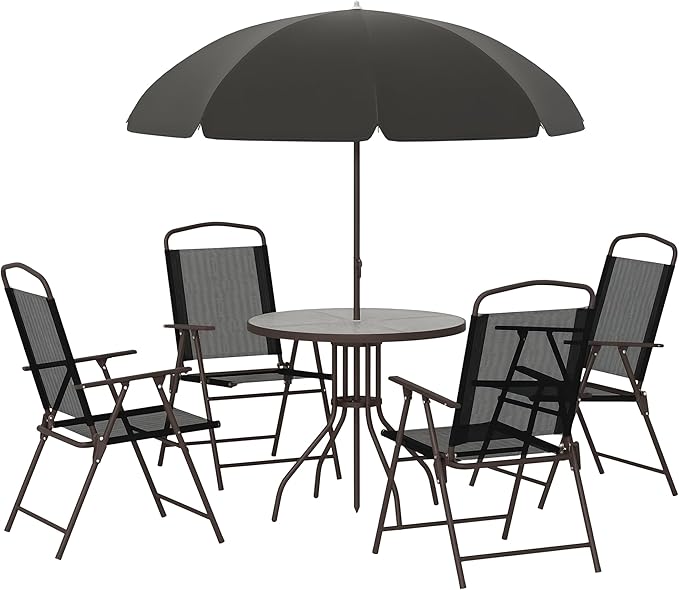 Outsunny 6 Piece Patio Dining Set for 4 with Umbrella, Outdoor Table and Chairs with 4 Folding Dining Chairs & Round Glass Table for Garden, Backyard and Poolside, Black and Coffee Outsunny
