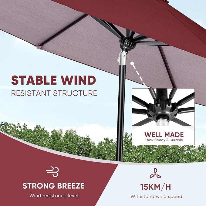 Tempera Patio Market Outdoor Table Umbrella with Auto Tilt and Crank, Large Sun Umbrella with Sturdy Pole & Fade Resistant Canopy, Easy to Set TemperaPatioLife